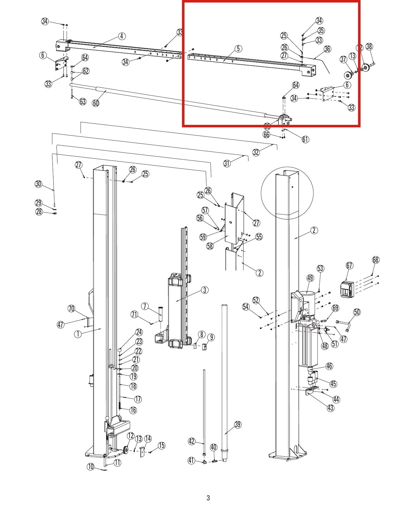 Rotary Lift N481-1 Right-Hand Overhead for DL9 / DP10 / I10 Two-Post Lifts parts diagram (location)