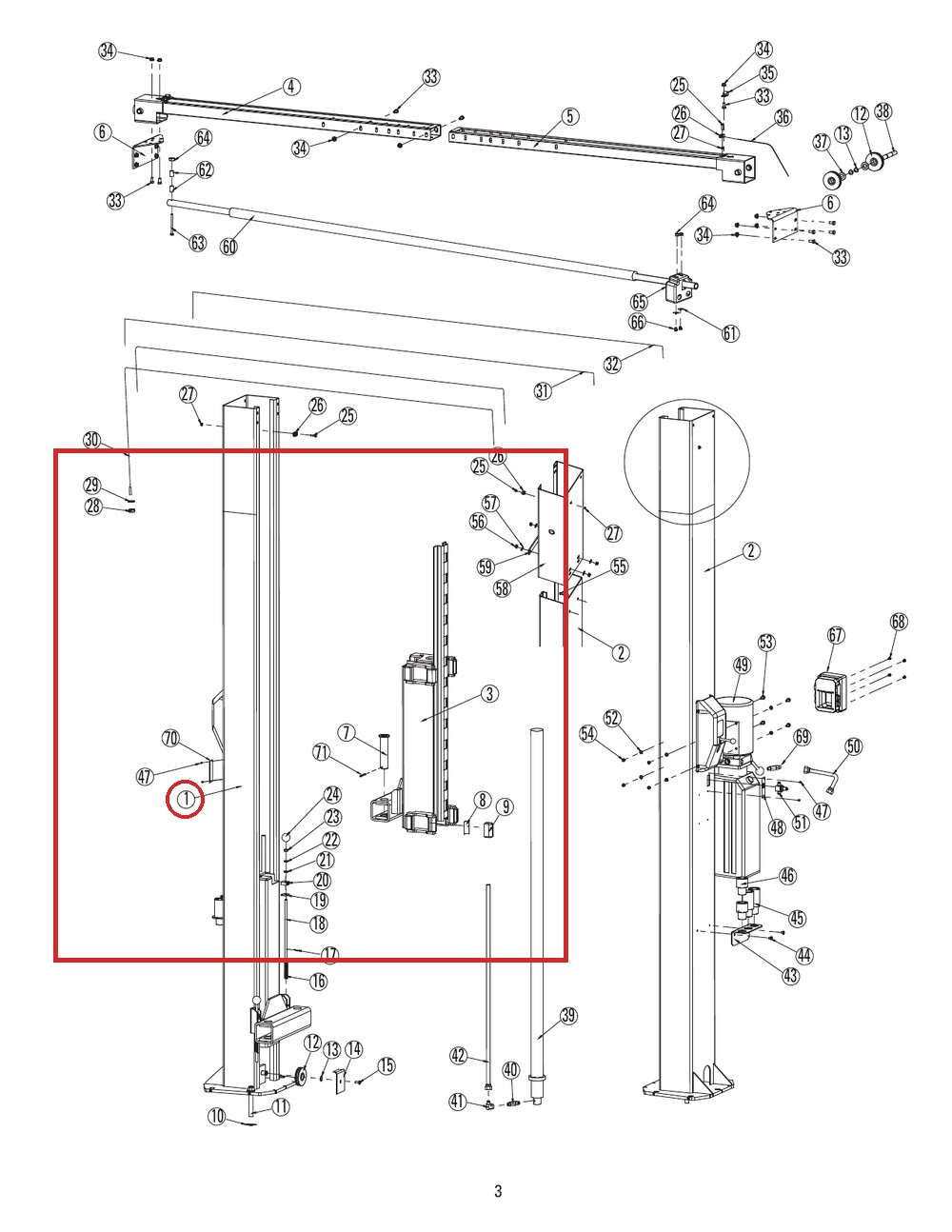 TP9-1000A R.H. Column Weldment for DL9 Two-Post Lift – parts drawing detail - location on full parts breakdown page