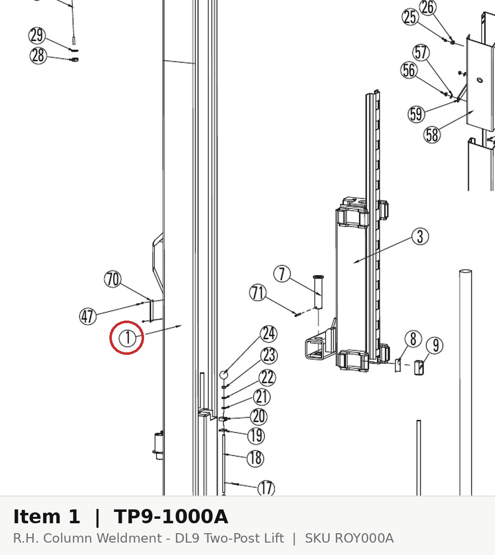 TP9-1000A R.H. Column Weldment for DL9 Two-Post Lift – parts drawing detail - item 1 circled on parts diagram