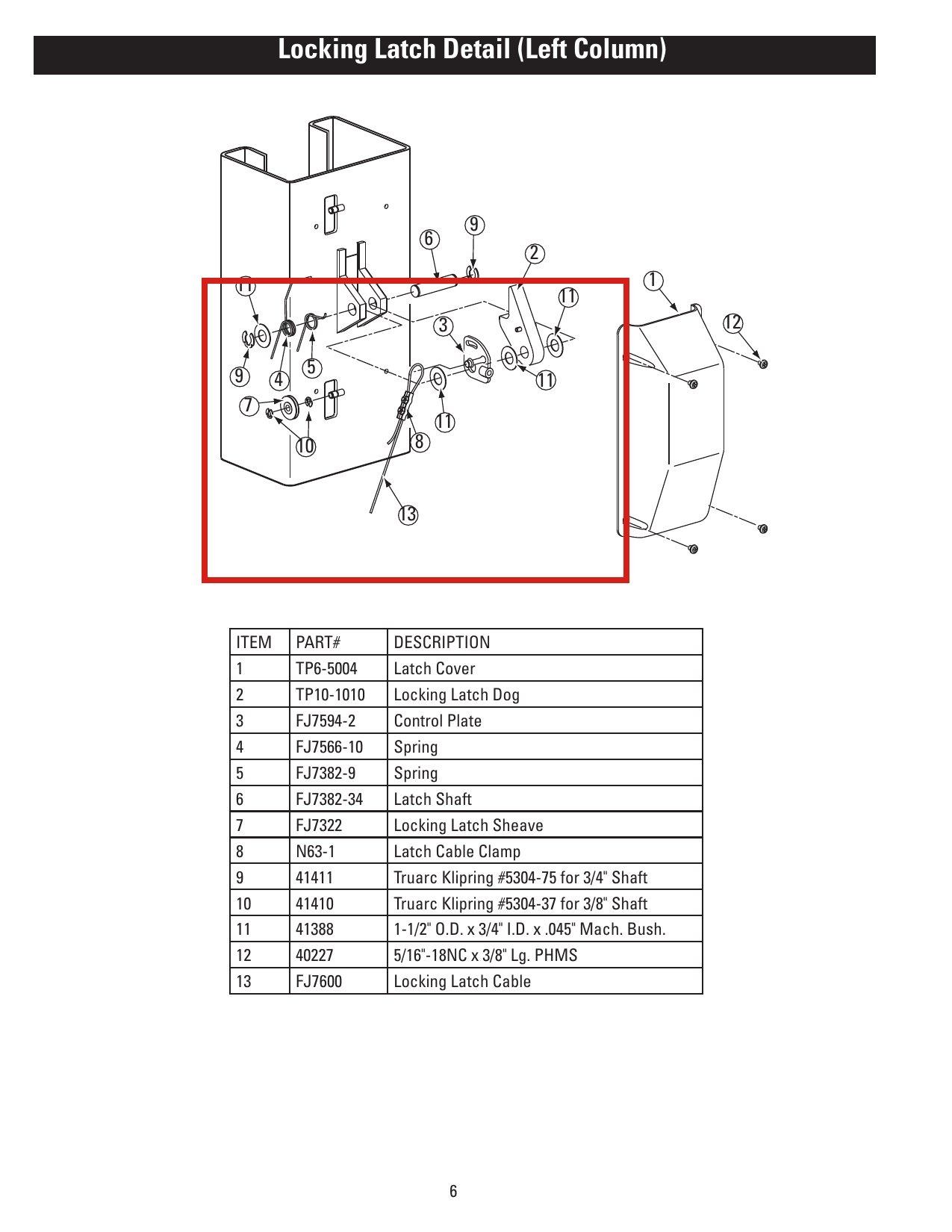 Rotary N63-1 Latch Cable Clamp for DL9 / DP10 / I10 Two-Post Lifts parts diagram (location)