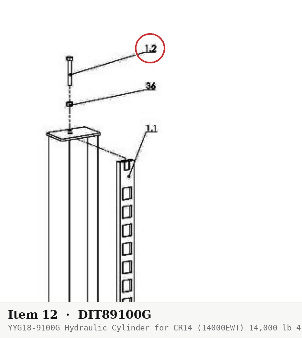 YYG18-9100G Hydraulic Cylinder for CR14 (14000EWT) 14,000 lb 4-Post Lift - parts drawing detail