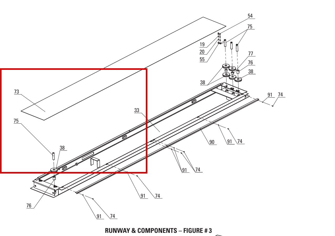 Direct Lift DP8-3006 Cable Pulley Shaft PP8+ Long Runway & Components Figure 3 item 75 (left pulley) (location)