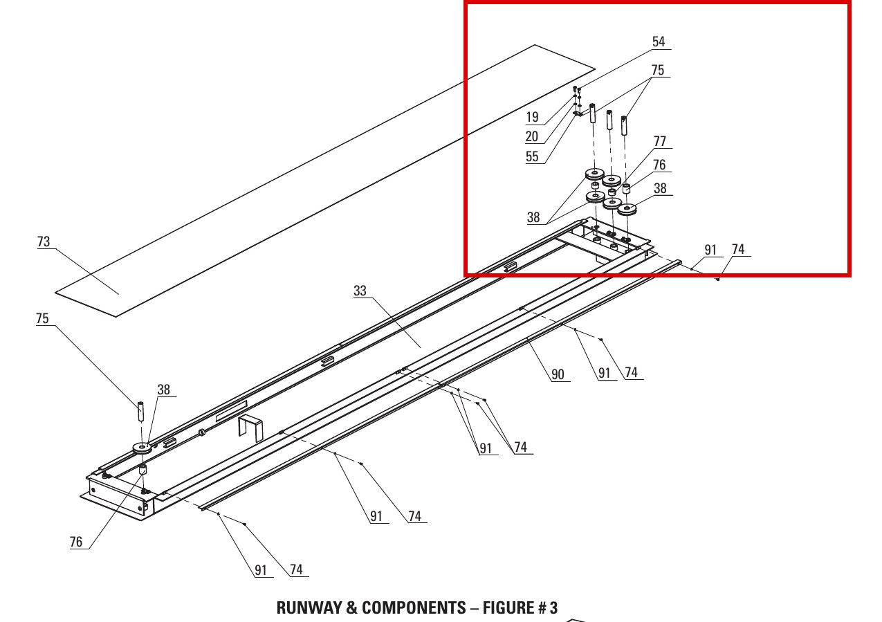 Direct Lift DP8-3006 Cable Pulley Shaft PP8+ Long Runway & Components Figure 3 item 75 (location)