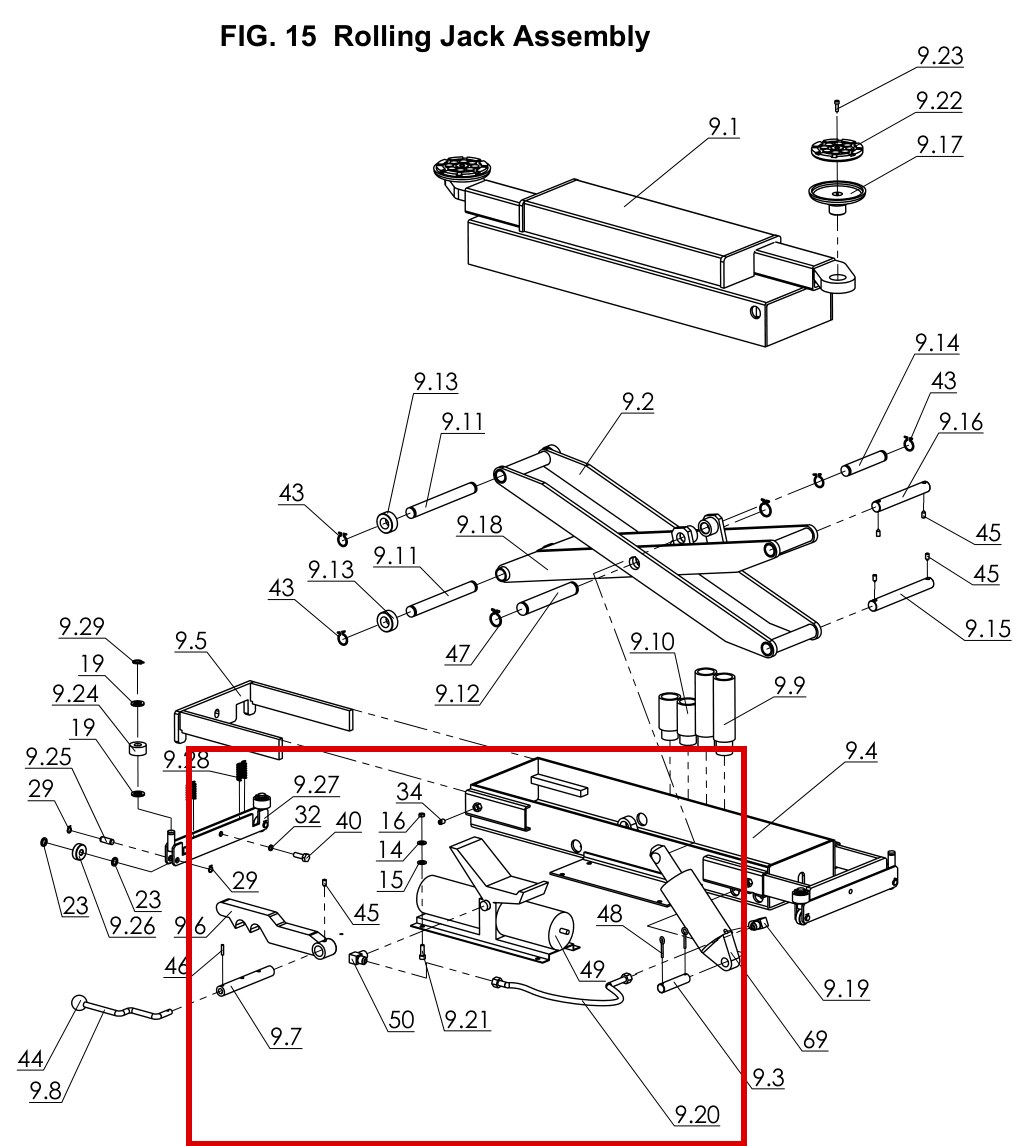 Direct Lift Lift Part B10-8×16 Hex Head Bolt M8×16 for I12, 10K 2-Column & 9K Parking Lifts - item 9.21 on Pro 14F 14000 Rolling Jack Assembly parts diagram (location)
