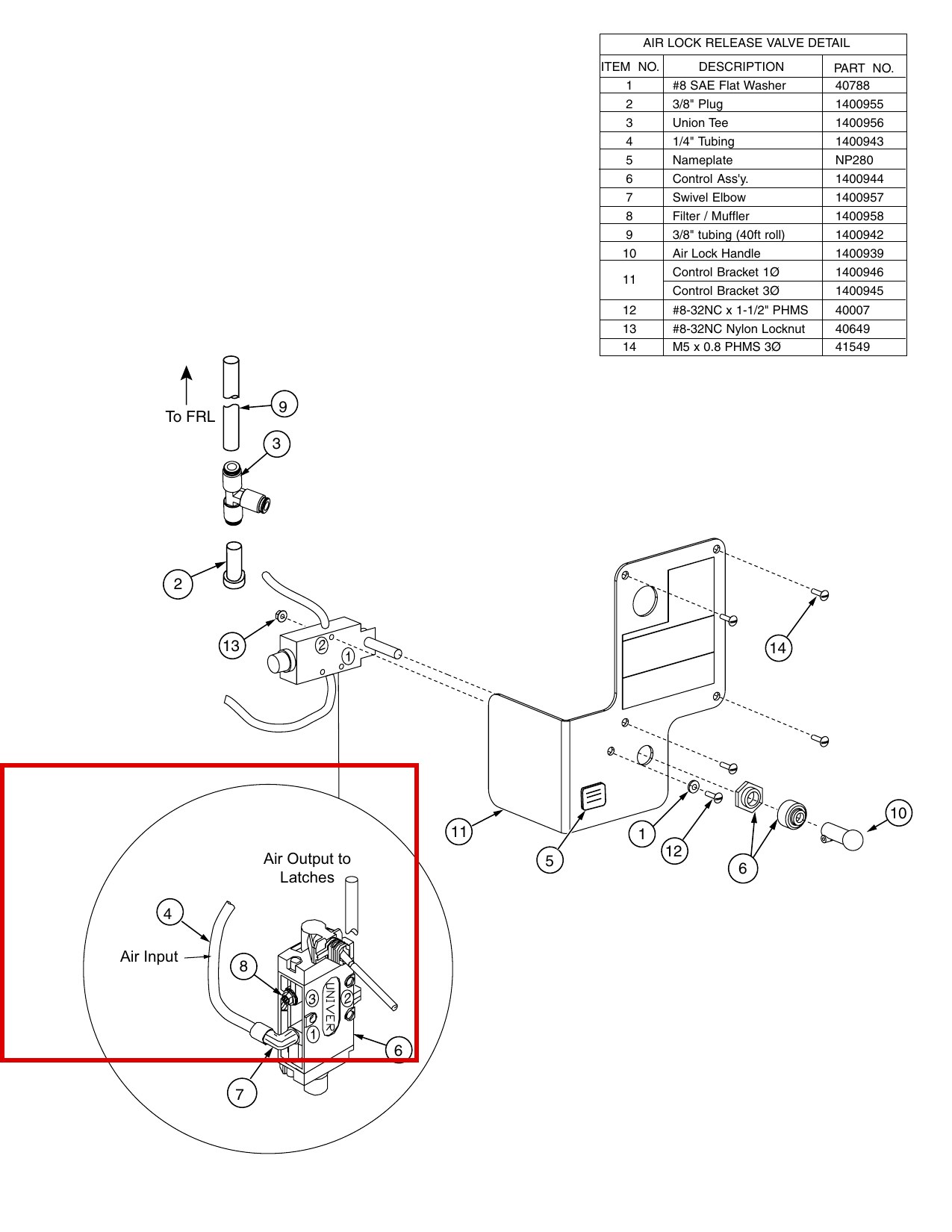 Forward Lift 1400943 1/4" Airline Tubing, 60 ft Roll, for OR14 14K 4-Post Lift - item 4 on OR14 14K 4-Post Air Lock Release Valve Detail parts diagram (location)