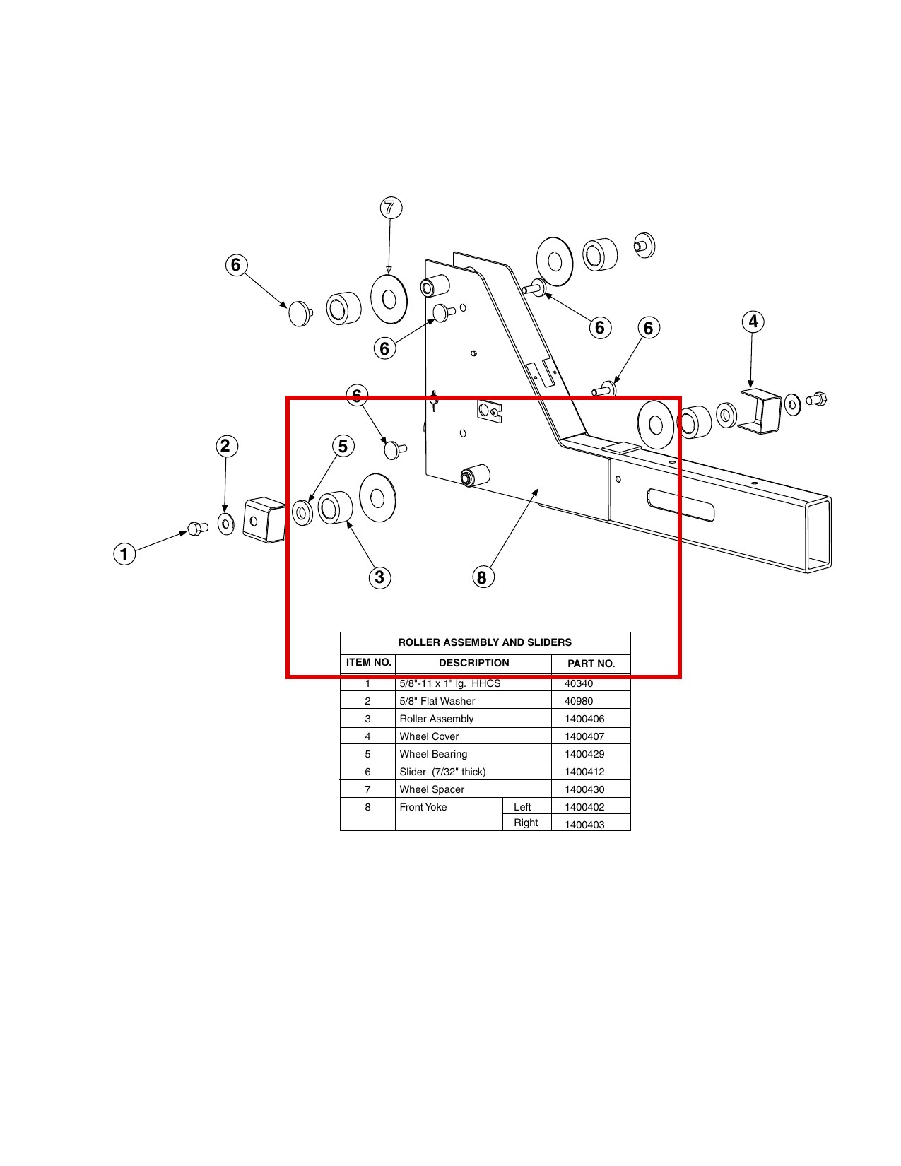 Forward Lift 1400402 Left Front Yoke, OR14 Roller Assembly & Sliders item 8 (location)