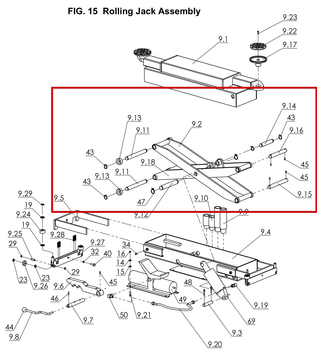 Direct Lift B60-25 Snap Ring 25mm for I12, 10K and 8K 2-Post Lifts - item 43 on Pro 14F 14000 Rolling Jack Assembly parts diagram (location)