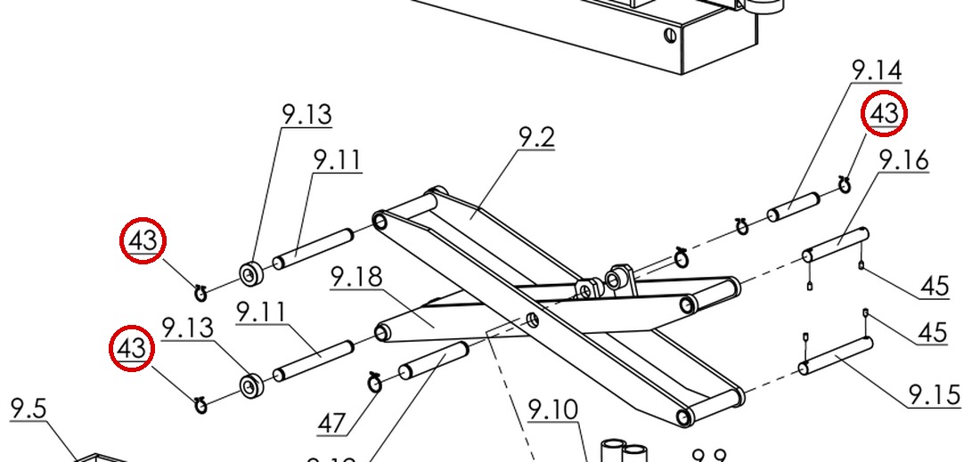 Direct Lift B60-25 Snap Ring 25mm for I12, 10K and 8K 2-Post Lifts - item 43 on Pro 14F 14000 Rolling Jack Assembly parts diagram